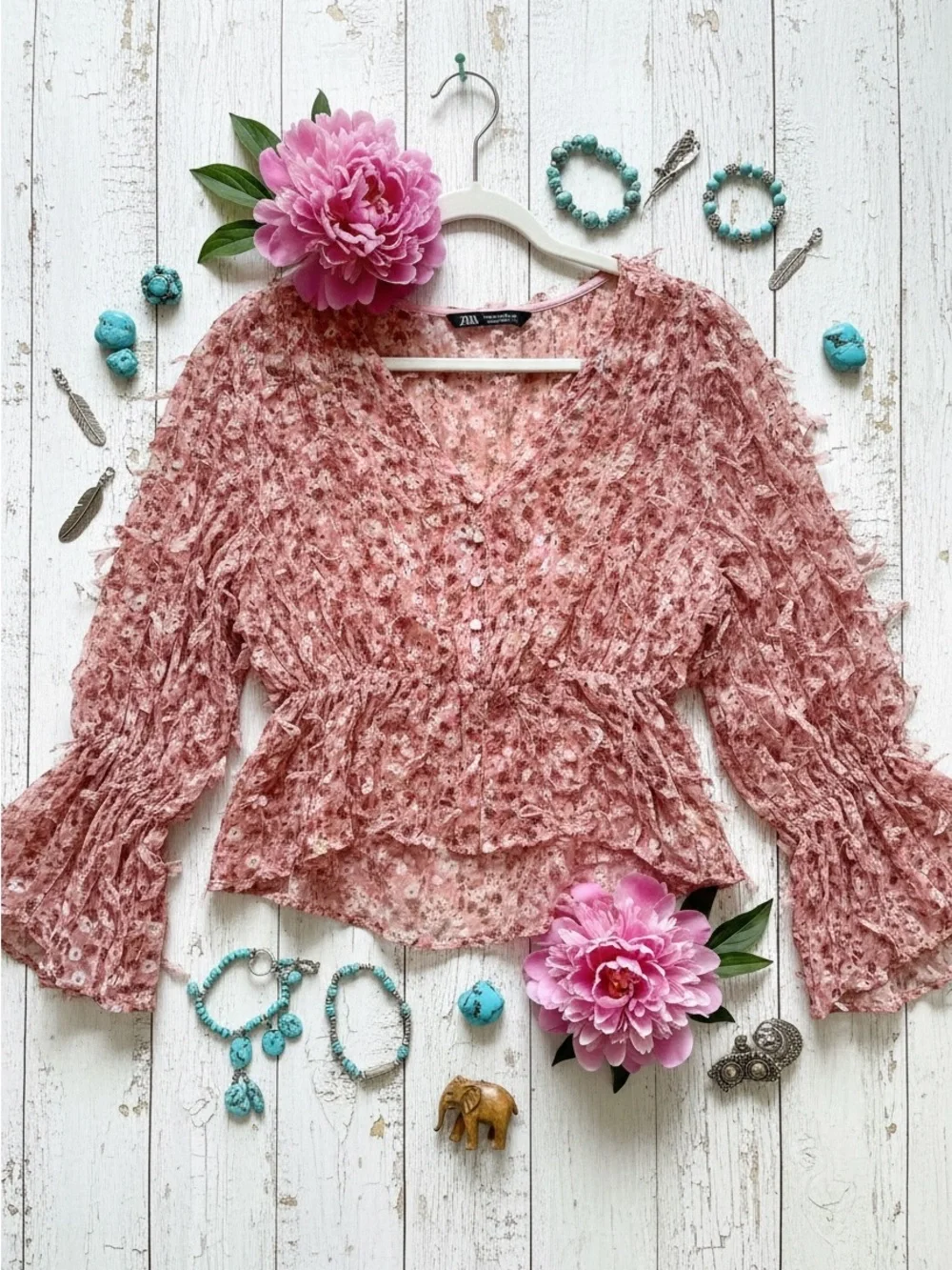 Zara Pink Textured Floral Peplum Top